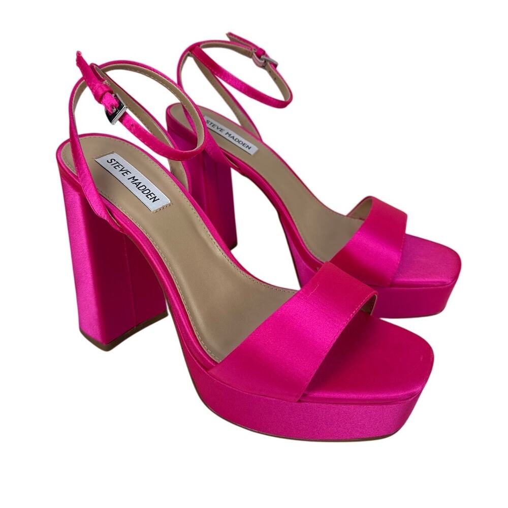 Steve Madden Lessa Heeled Sandal Womens 9 Pink Satin Open Toe Block Heel Dress‎